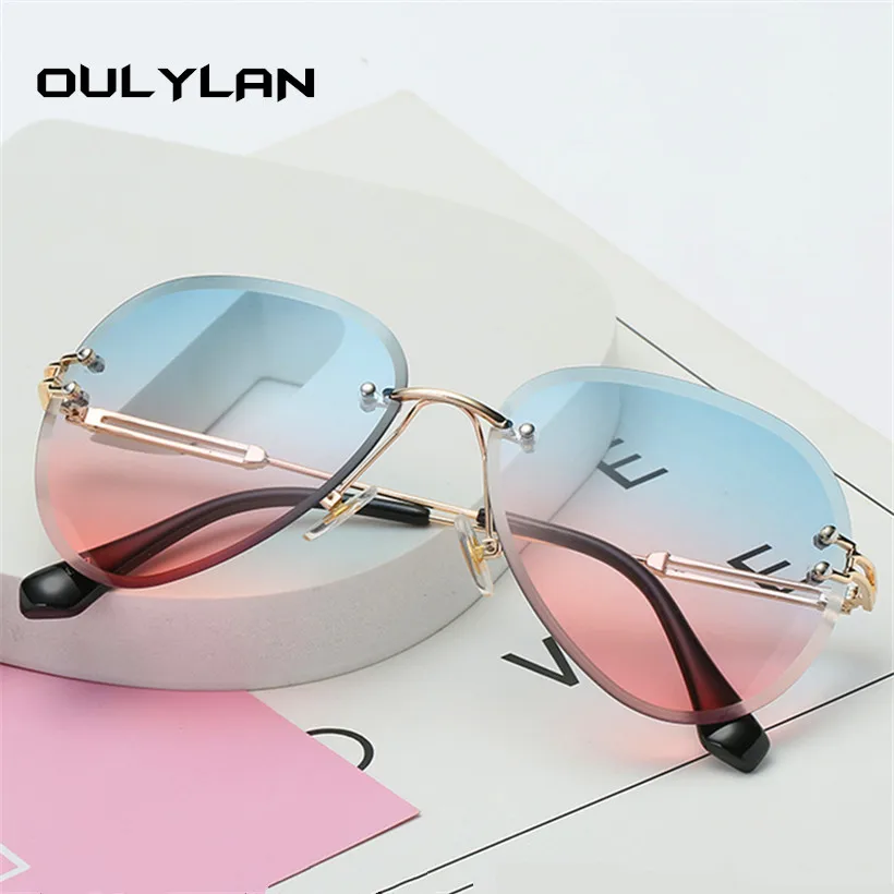 

Oulylan Rimless Sunglasses Women Brand Designer Sun Glasses Gradient Shades Cutting Lens Ladies Frameless Metal Eyeglasses UV400