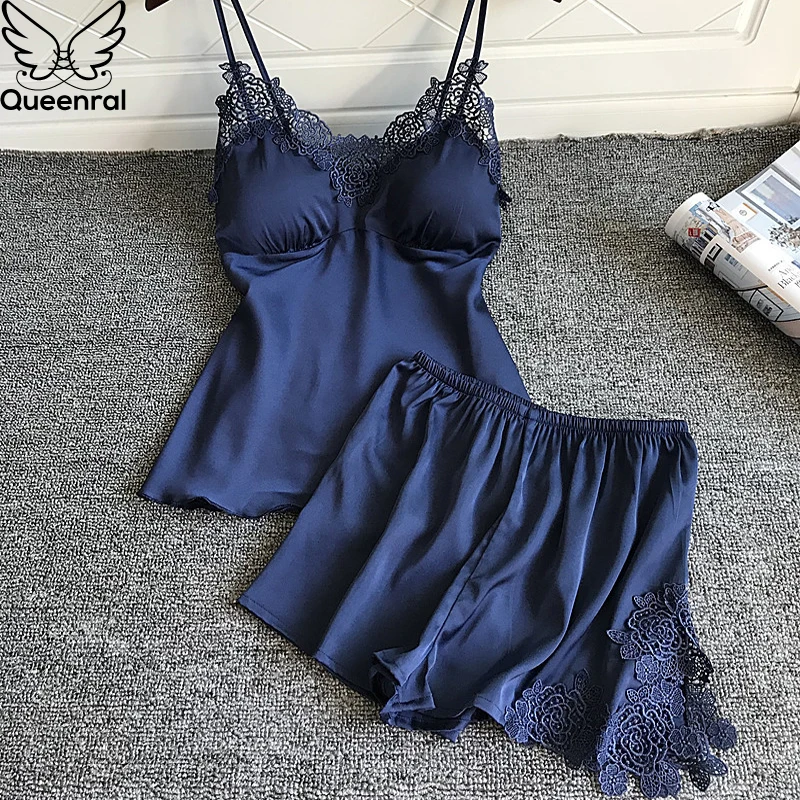 Queenral Women's Sleep Lounge Pajamas Set Silk Summer Sleepwear Sleeveless Nightwear Sexy Lingerie Intimate For Women With Pad | Женская