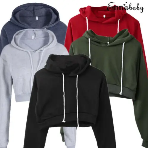 Women Stylish Plain Hangover Crop Top Hoodie Sweatshirt Sports  Hooded Full Wear Multiple Colors Hot