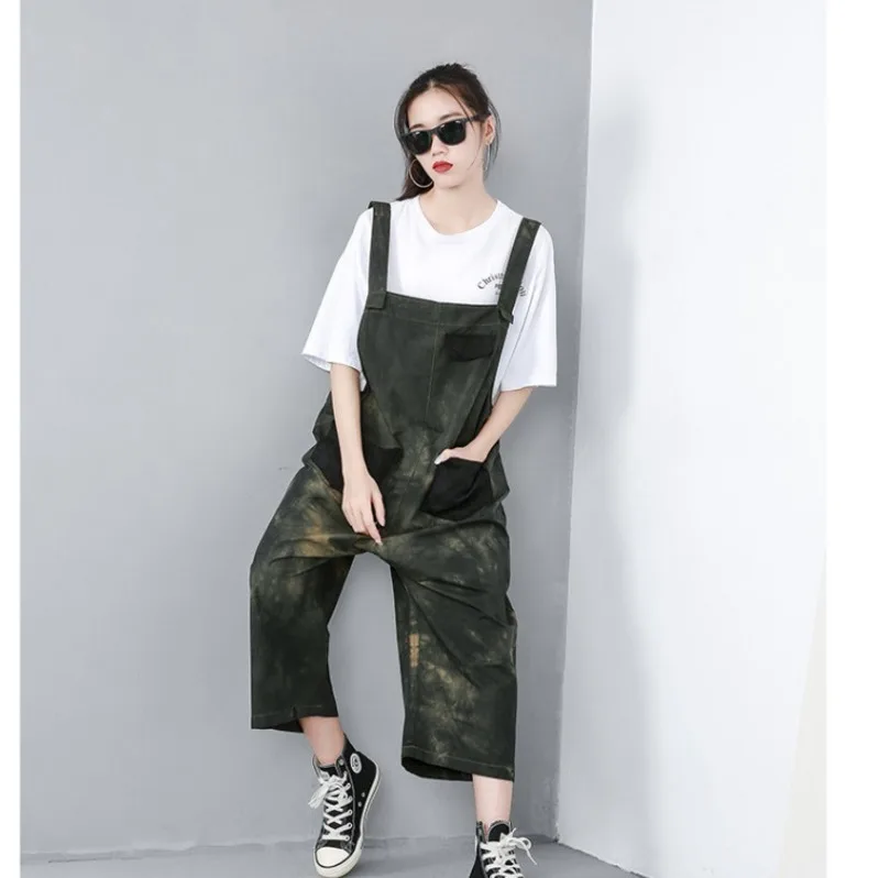 

Spring Summer Women Army Green Printed Pocket jumpsuits Baggy Hiphop Dance Trousers Tie Dyed Drop Crotch Strap Overalls A9170