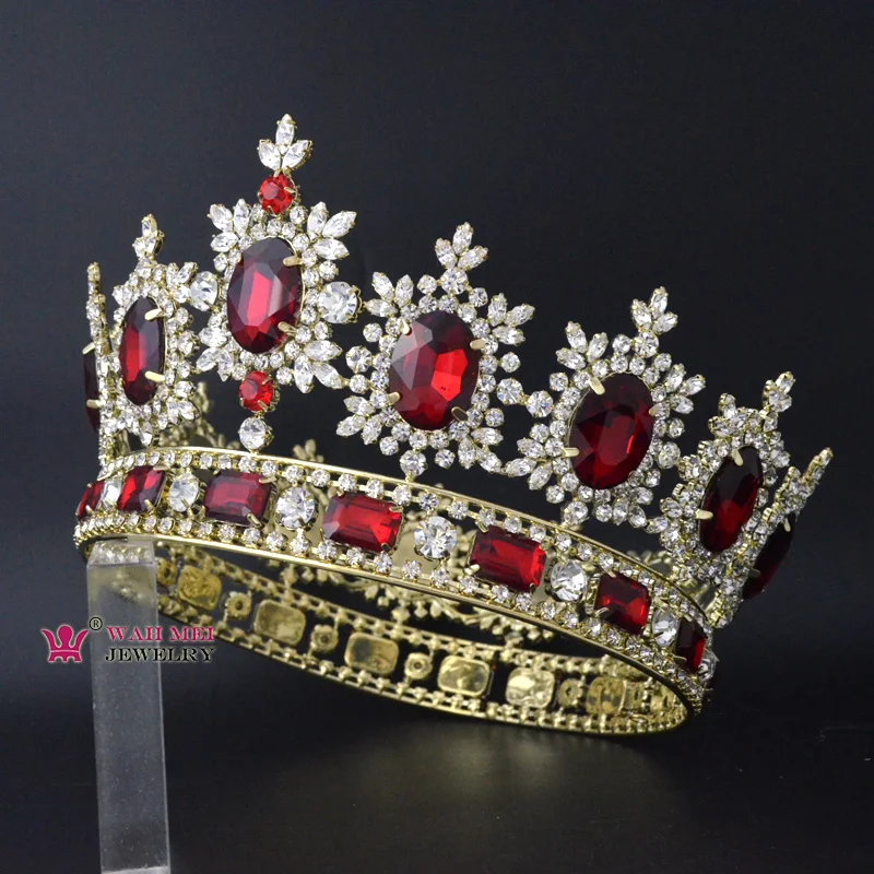 Full Crown Large Round Crown For Women Red Colour Clear White Fashion Hairwear Tiaras Pageant Contest Winner Crown Mo042