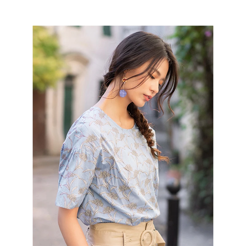 INMAN Summer O-neck Literary Floral Retro Holiday Style Slim Short Sleeves Women Blouse | Женская одежда