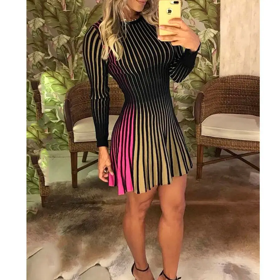 

New Fashion Women Long Sleeve Colorized Striped Bodycon Slim Fit Dress Female Lady Party Cocktail Club Short Mini Casual Dress