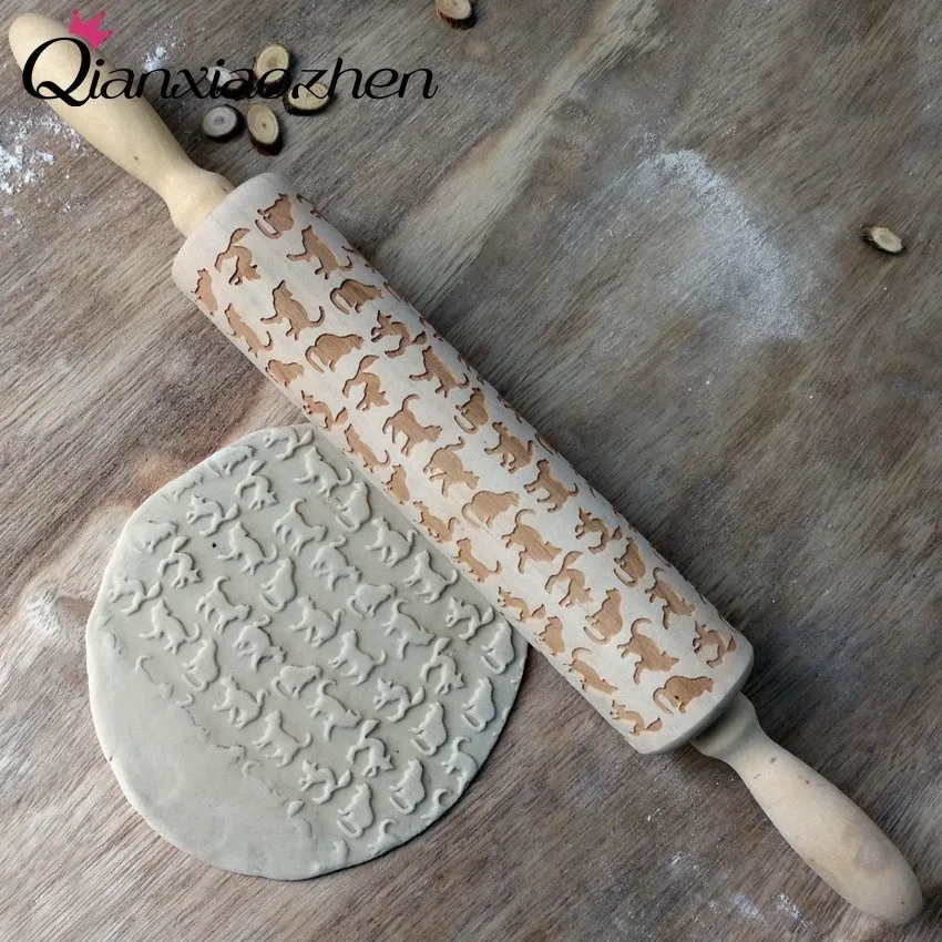Qianxiaozhen Cat Pattern Wooden Rolling Pin Baking Cookies Wedding Gifts For Guests Decoration Kitchen | Дом и сад