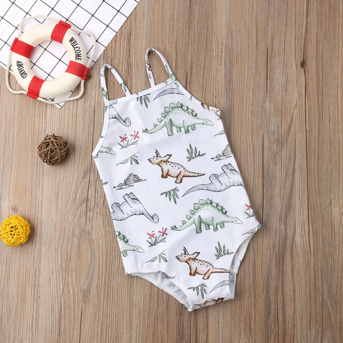 Цельный купальник с изображением динозавра для маленьких девочек комбинезон без