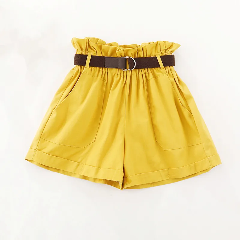 

Fashion Elastic High Waist Shorts For Women Yellow Summer Belt Draped Shorts Sexy Loose Pocket Solid Cotton Shorts Femme