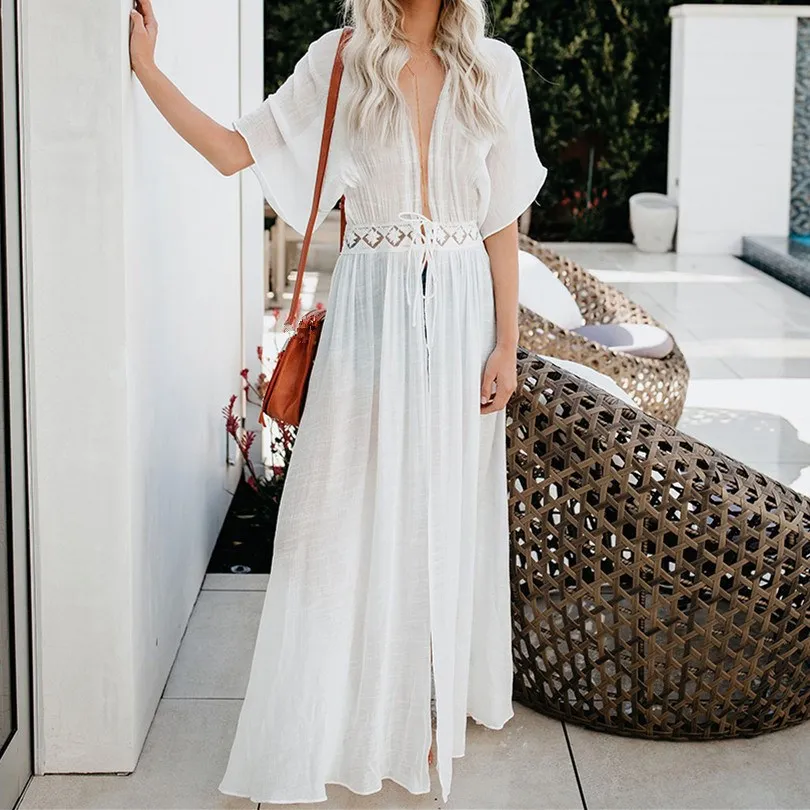 Женское длинное платье макси в стиле бохо свободное кружевное пляжное вечерний