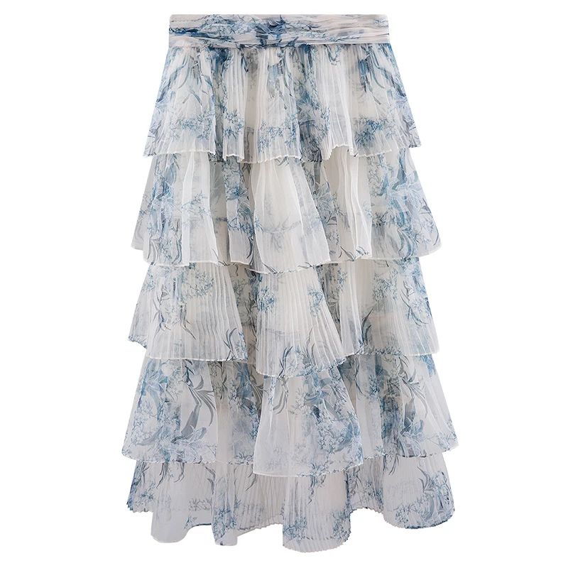 Cake Pleated Skirt Female Ink Blue Halo Printed Multilayer with Eugene Yarn Half-length P9111 | Женская одежда