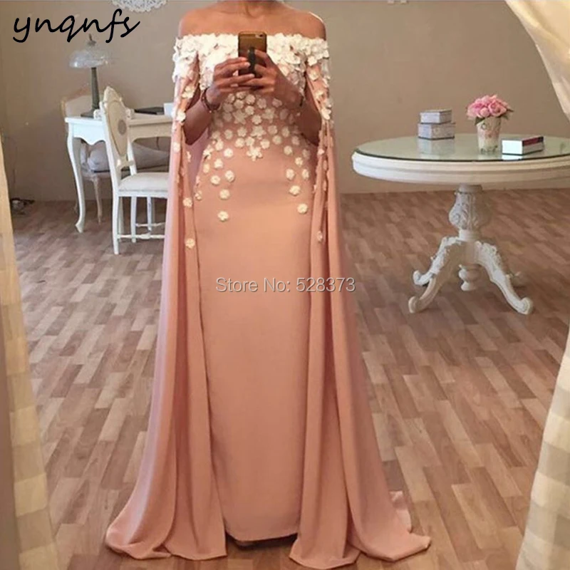 

YNQNFS Kaftan Dubai Off Shoulder Cape Sleeve Vestido de Festa Longo Party Gown Robe Soiree Mother of the Bride Groom Dresses M45