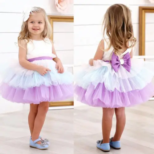 New Fancy Flower Girl Dress Princess Kids Baby Sleeveless Bowknot Three Colors Patchwork Tutu Party Birthday Gown Formal | Детская