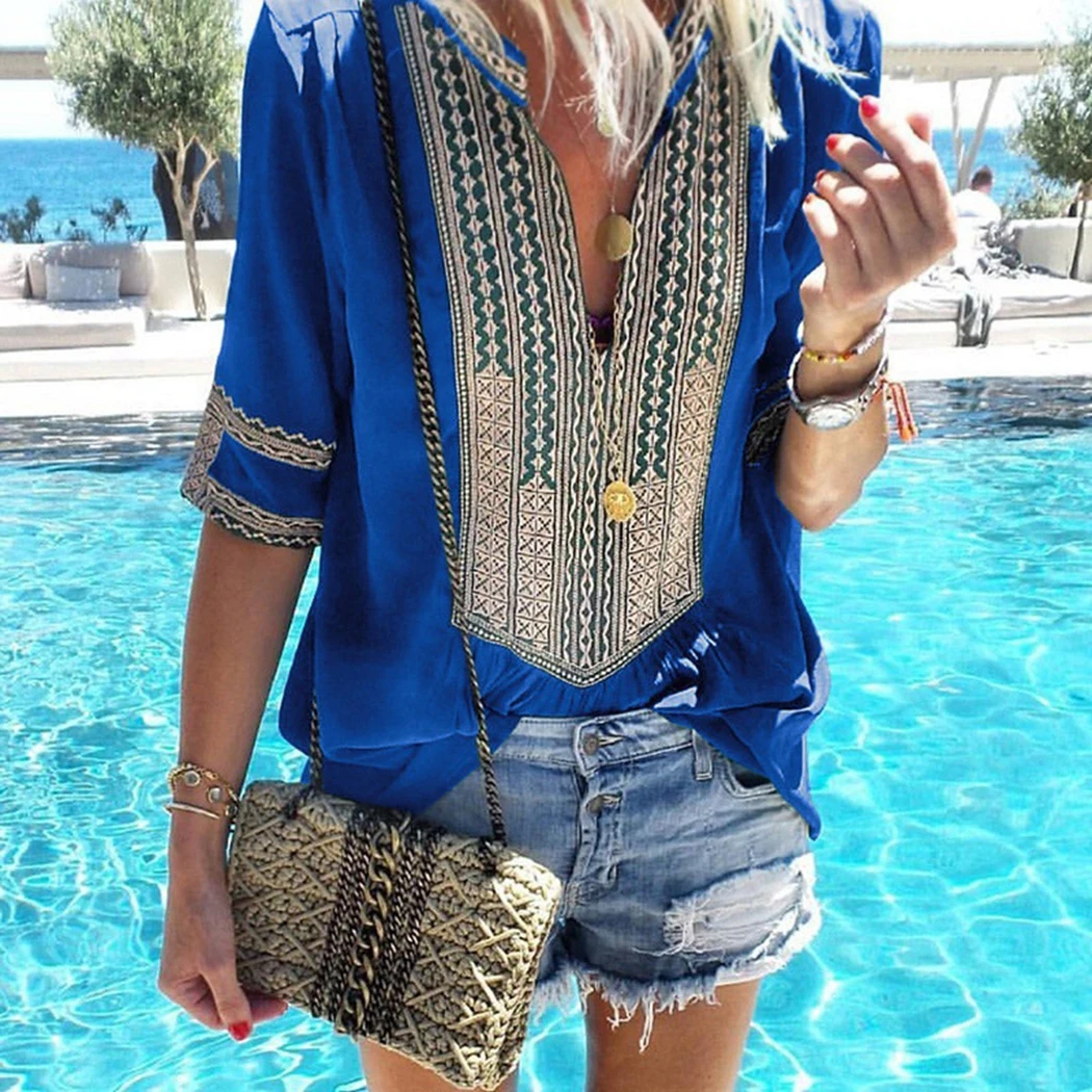 Летняя блузка женская хлопковая свободная тонкая с принтом бохо блузы коротким