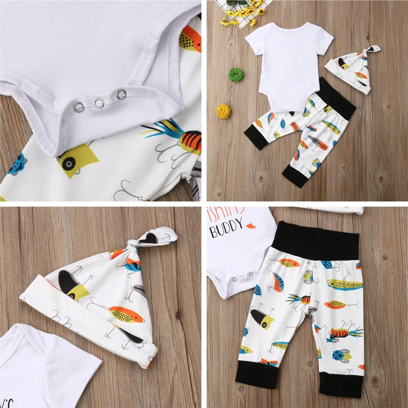 Baby Boy Clothes Newborn Infant Girl Outfits Bodysuit Carton Hat Pants Leggings Set Small Fish 3PCS 0-18M | Детская одежда и обувь
