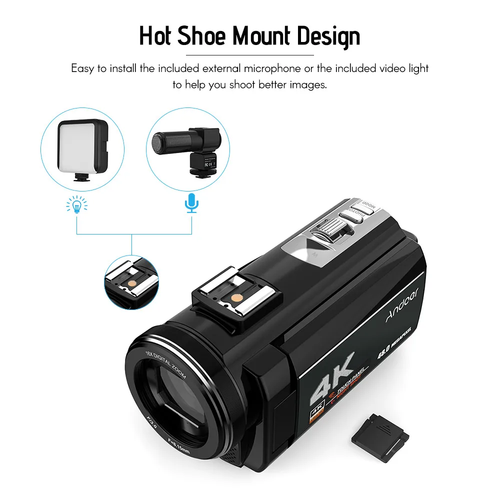 Andoer 4K 48MP WiFi цифровая видеокамера + внешний микрофон 0.39x широкоугольный объектив