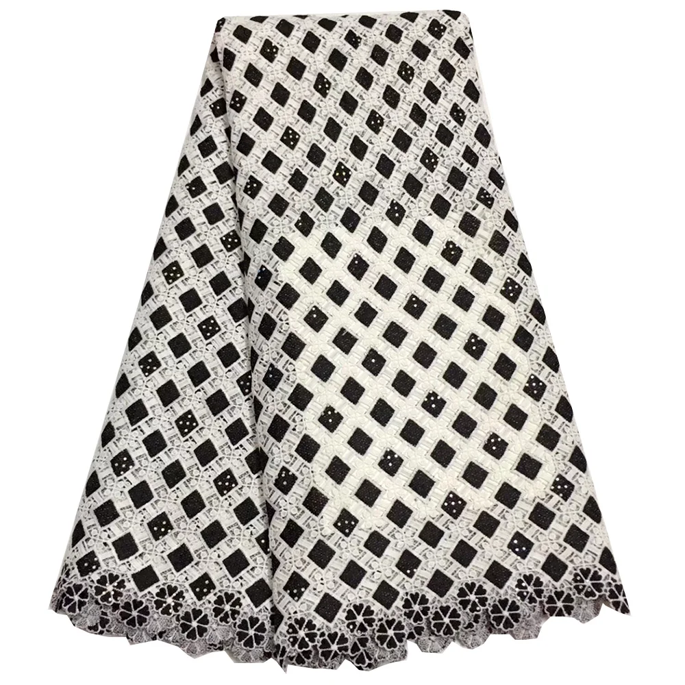 

Черно-белая ткань для платьев с квадратной решеткой стразы, гипюровое кружево, Высококачественная Водорастворимая кружевная ткань