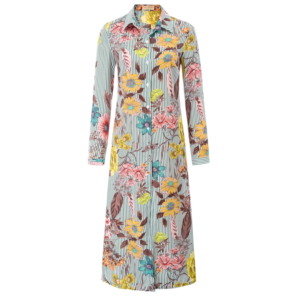 Retro 50s LADIES Women Long Shirt Floral Striped Top Collar Chiffon Dress Blouse | Женская одежда