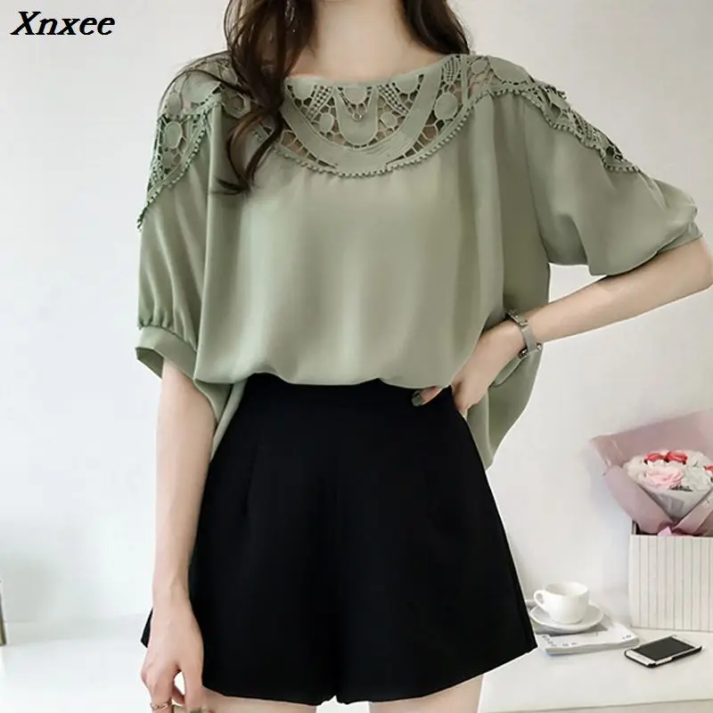 

Fashion woman blouses Short Sleeve summer tops Sexy Hollow Out chiffon Blouse Shirt Plus Size 3XL 4XL Women Tops 0621 40