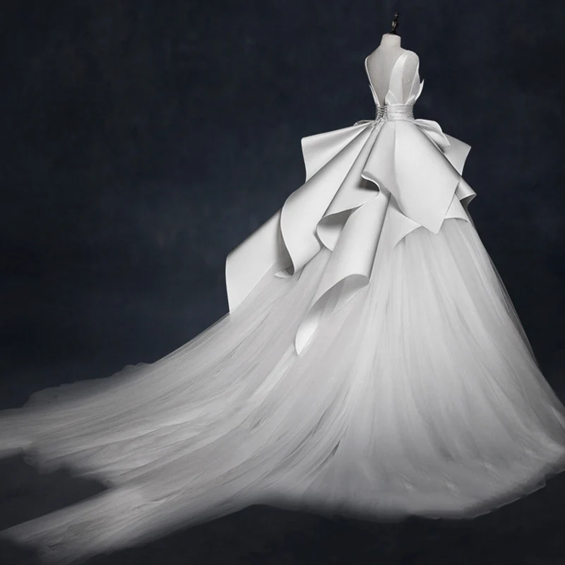 Vivian's Bridal Retro Satin Ruffle Princess Fantasy Wedding Dress Illusion Mesh Lce-up Backless Customized Ball Gown | Свадьбы и