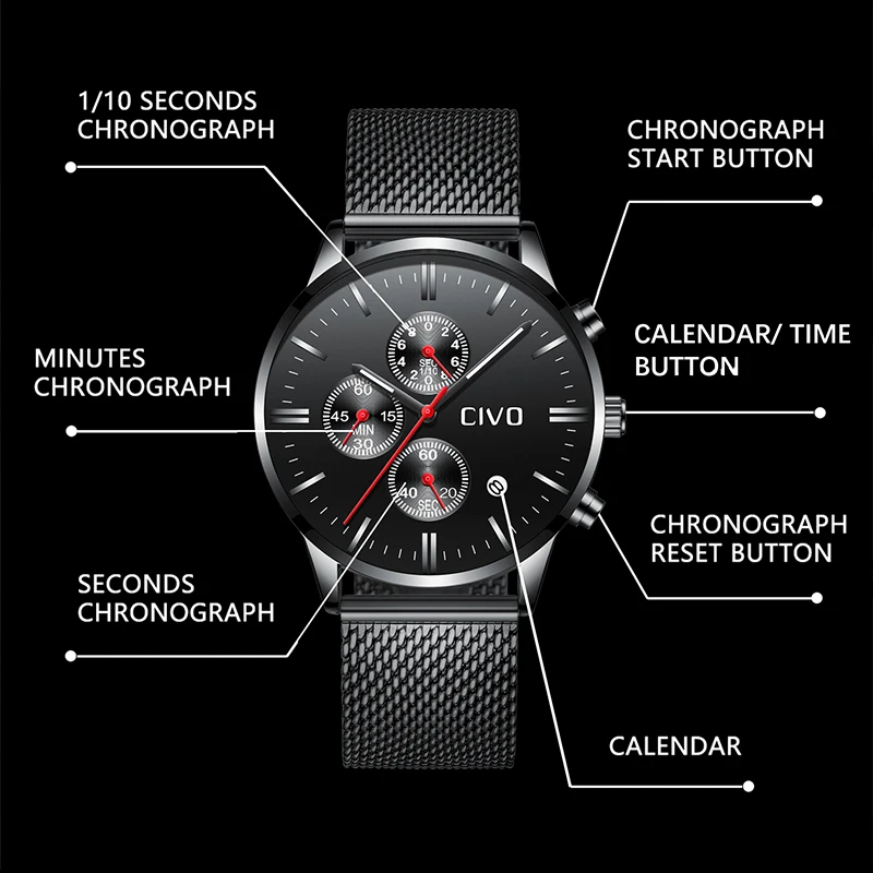 CIVO мужские часы водонепроницаемые Chronogra Аналоговые кварцевые наручные деловые