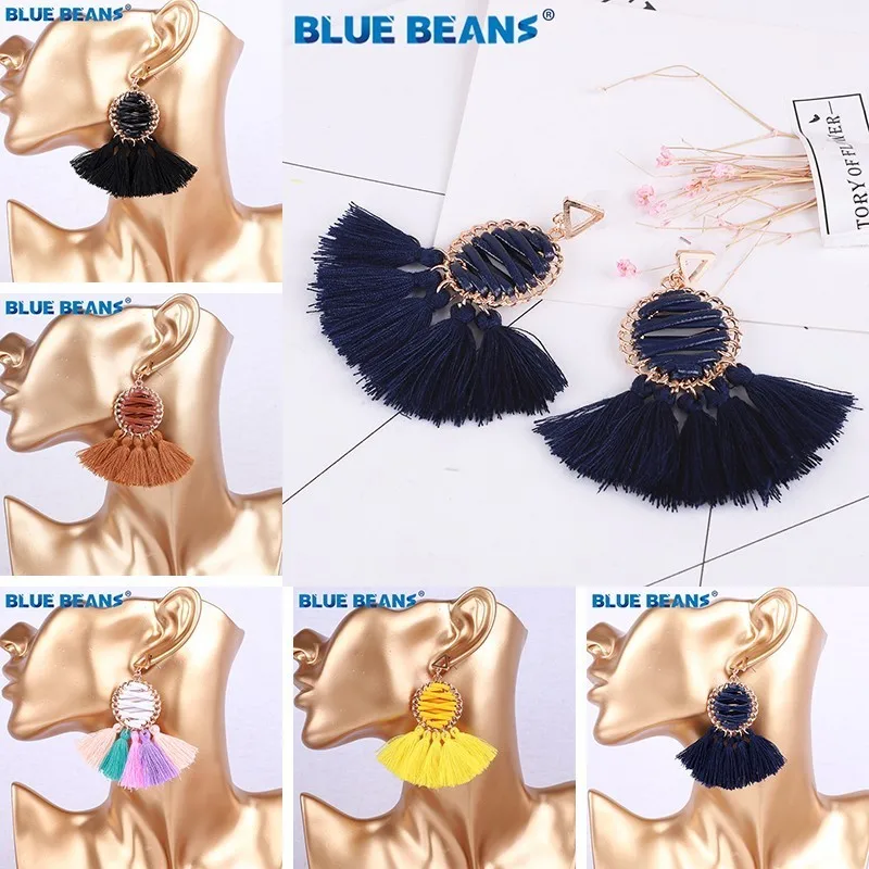 

Big earrings 2019 fringed boho style new blue black yellow long section mesh ladies jewelry fashion leather rope ethnic Korea cc