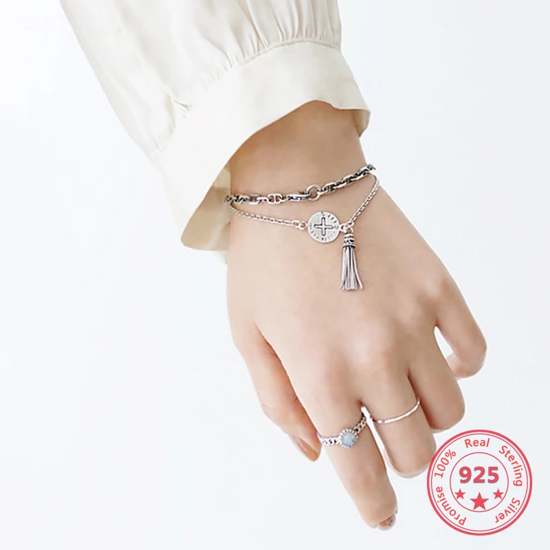 

925 Sterling Silver Simple European American Retro Vintage Tassel Bracelets Women Jewelry
