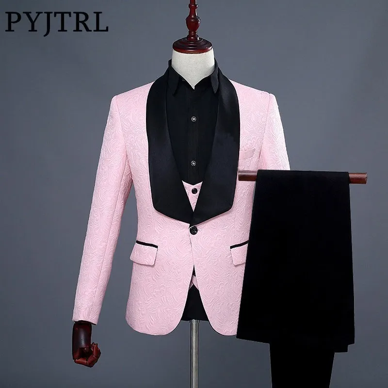PYJTRL Мужская шаль с лацканами розовый жаккардовый облегающий костюм из трех