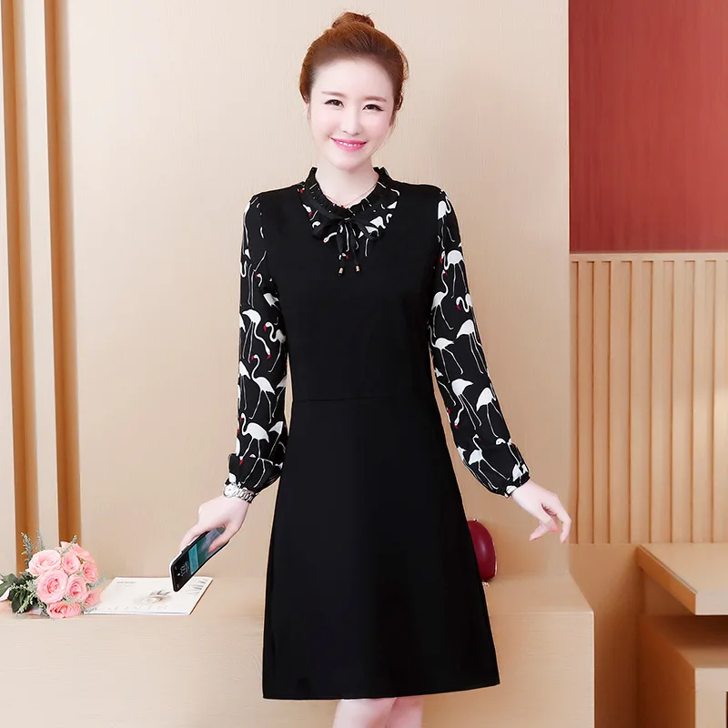 

2019 Autumn New Pattern Increase Fertilizer Enlarge Fat Code MM Easy Thin Chiffon Split Joint Long Sleeve False Two Paper Dress