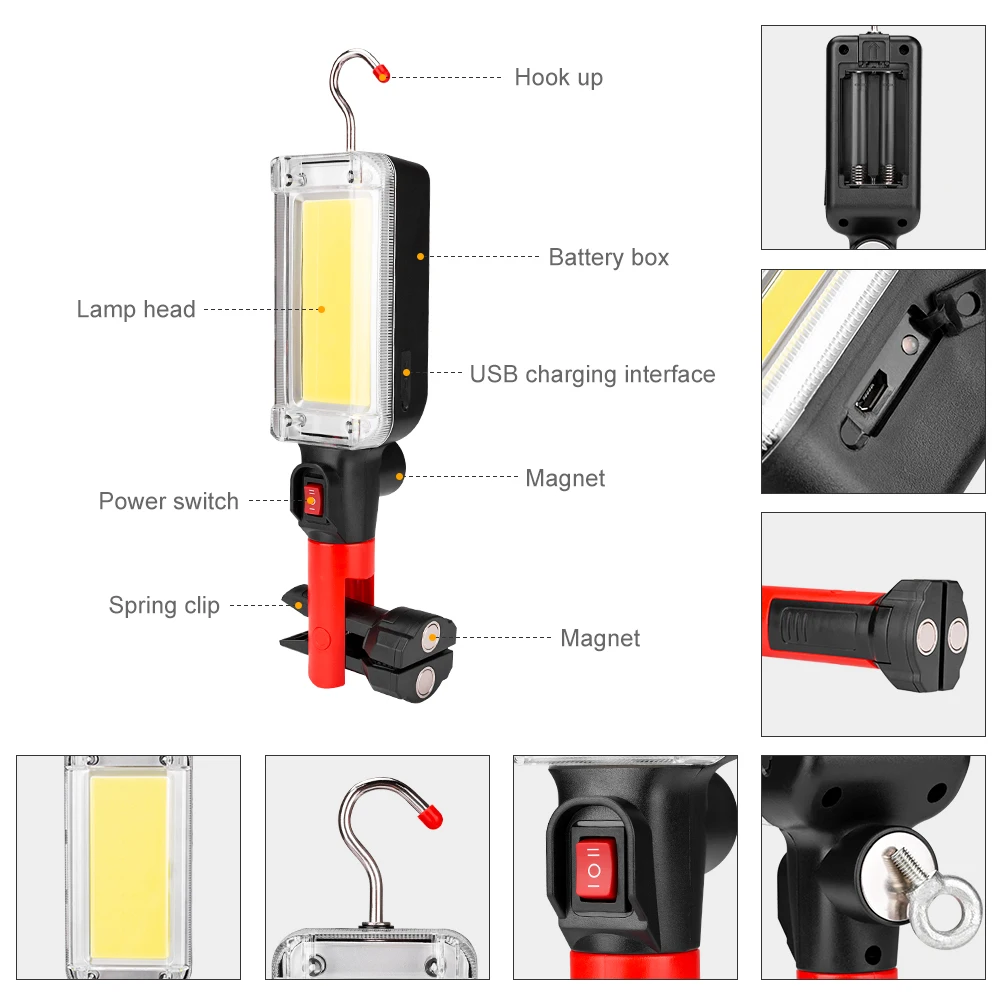 Перезаряжаемый от USB Рабочий фонарик Sanyi 18650 2 режима лампа для осмотра магнитный