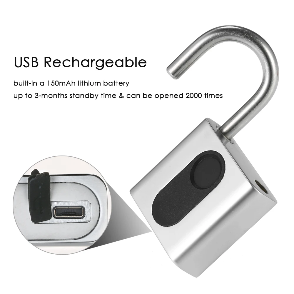 

USB Rechargeable Smart Keyless Fingerprint Lock IP65 Waterproof Anti-Theft Security Padlock Door Luggage Case Backpack Lock