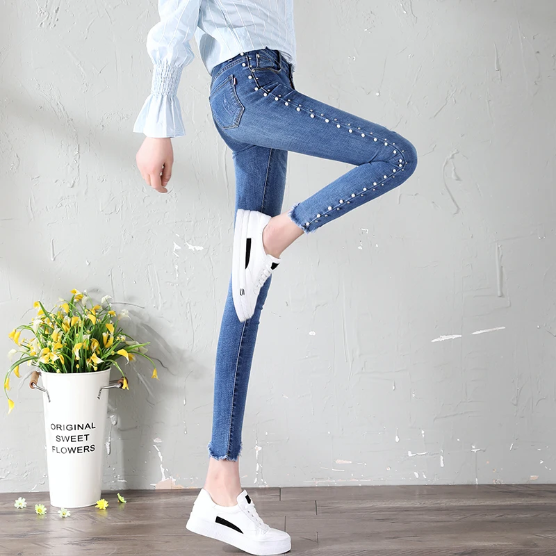 2018 perlas lpiz джинсы moda потертый подол rasgado узкие деним primavera otoo alta cintura mujeres pantalones