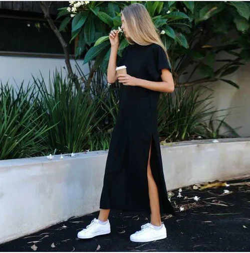 

Women's Long Dress Round Neck Loose Short Sleeve Black Colour Dress