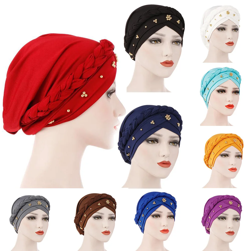 

Muslim Hat Beads Braid Single Whip Turban Cap Elastic Cotton Bandanas Headscarf
