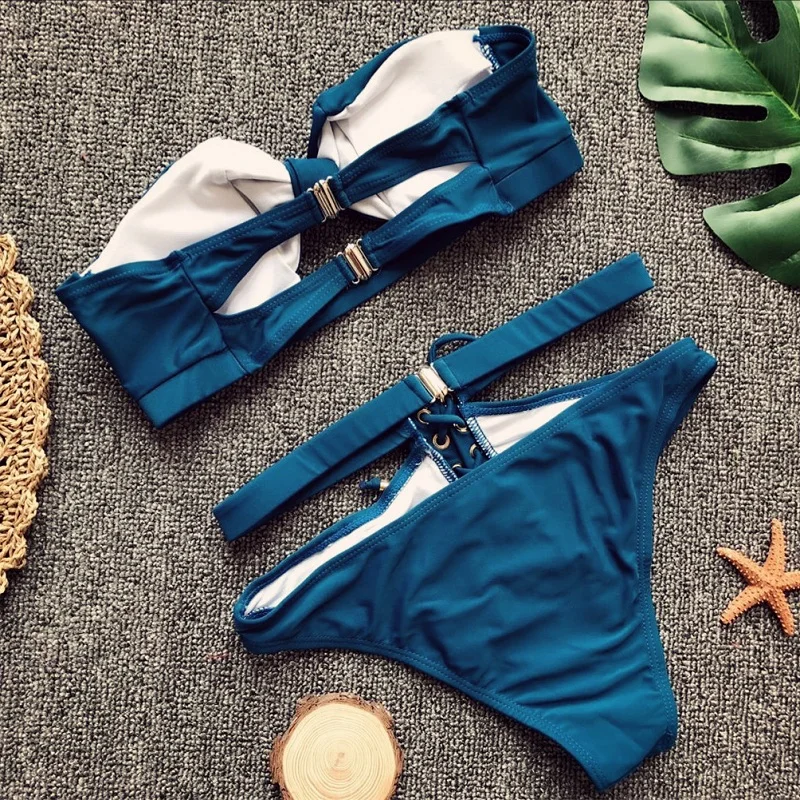 MUXILOVE Sexy Bather High Waist bikini set 2019 swimsuit female swimwear women lace up Bandeau bathing suit swim wear |