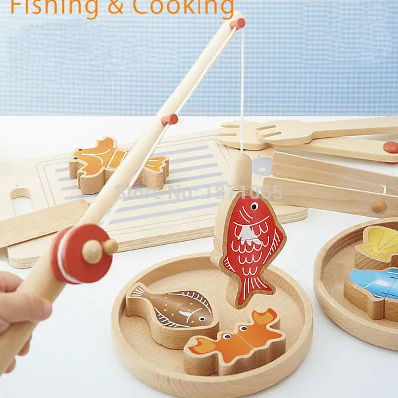 Фото Смешные деревянные кулинарные детские игрушки магнитная игра рыбалка дети