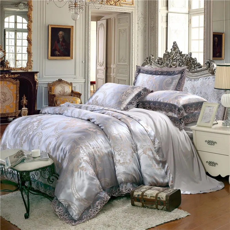 comprar Conjunto De Roupa De Cama De Cetim Jacquard De Luxo Queen/king Size Conjunto De Cama De Cor Prata Ouro 4pcs Algodão Seda Renda Conjuntos De Capa De Edredão Lençol 40
