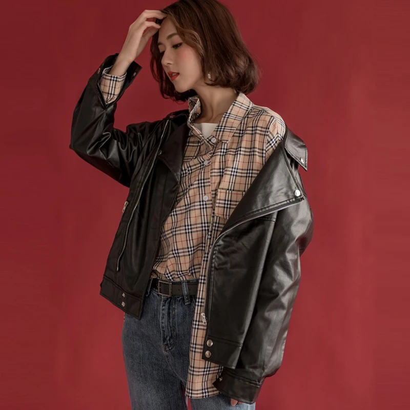 2019 New Black PU Locomotive Clothing Loose Women Basic Coat Fashion Streetwear Vintage Female Jacket Leather Outerwear HJ193