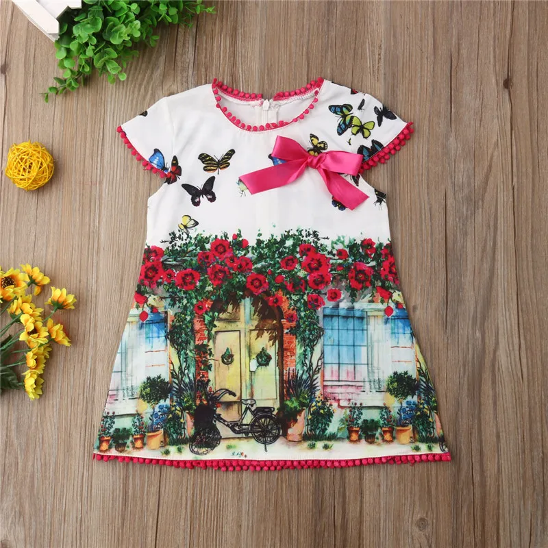 Boutique Toddler Kids Baby Girls Oil Painting Printed Princess Dresses Casual Girl Tassels Bow Short Sleeve Summer Dress 1-6T | Детская