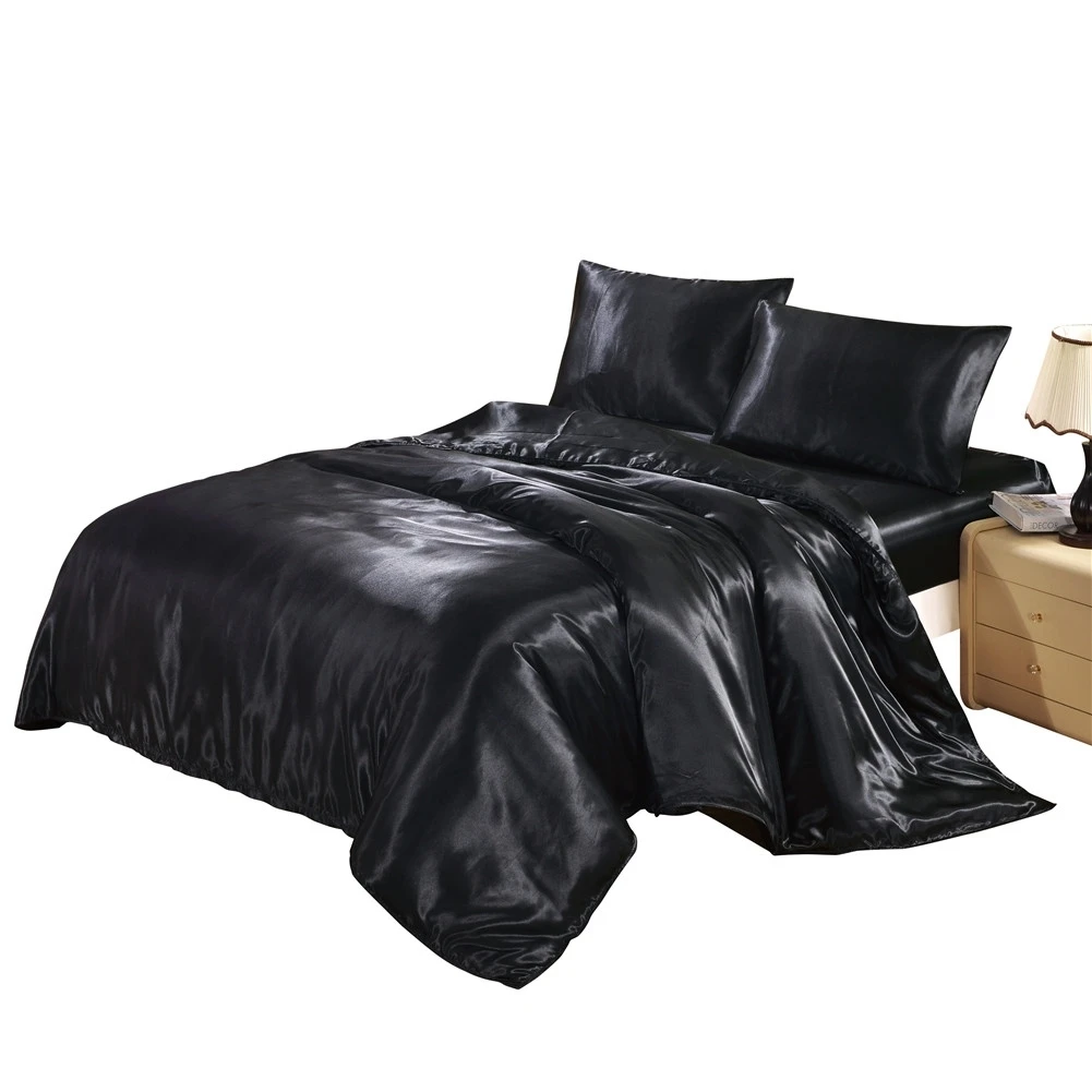 

Juwenin Home Solid Color Satin Faux Silk Bedding Set Black Duvet Cover Silky Bed US Twin Queen King UK Single Double 2/3/4PCS28
