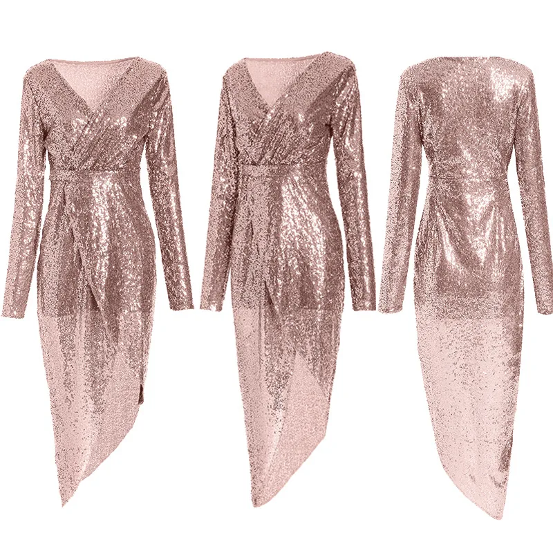 Женское платье с блестками длинным рукавом глубоким v-образным вырезом блестящее