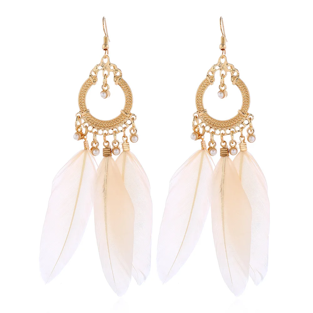 New Style Woman's Bohemian Tassle Feather Pendant with Pearl Alloy Drop Dangle Earrings Bijoux Jewelry Accessories |
