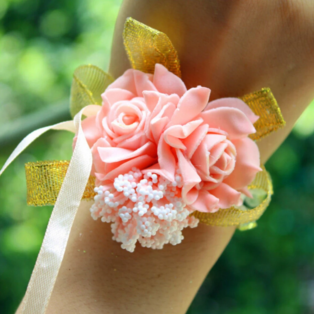 Foam Rose Flowers Bridal Bridesmaid Wrist Corsage Wedding Party Ribbon Bracelet Artificial &amp Dried | Дом и сад