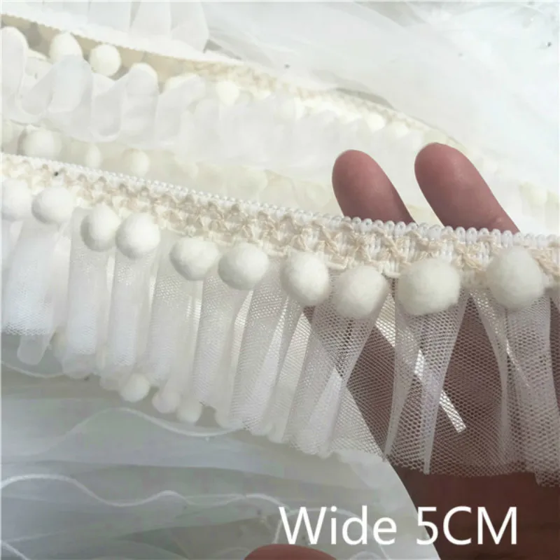 5 см широкая плиссированная сетка с 3D вышивкой Кружевная аппликация помпоном