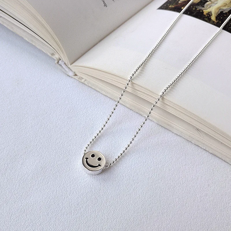 S925 Sterling Silver Necklace Female Cartoon Cute Expression Smiling Face Round Bead Smile Pendant Jewelry Gifts | Украшения и
