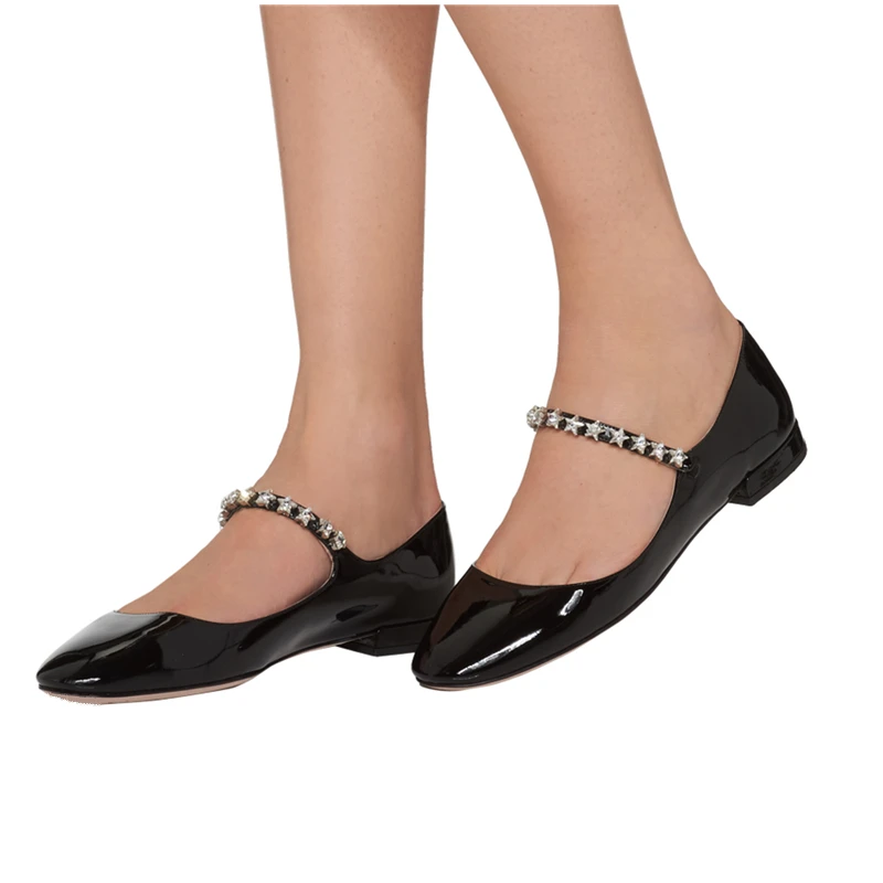 

Moraima Snc Round Toe Flat Shoes Woman Crystal Embellished Patent Leather Ballet Flats Vintage Mary Janes Black Silver