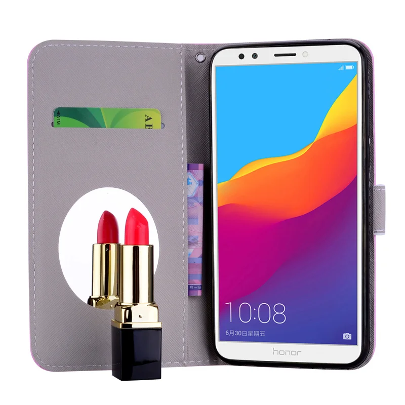 Для huawei Y7 Prime 2018 Флип Чехол кошелек с изображением единорога кожа зеркало чехол