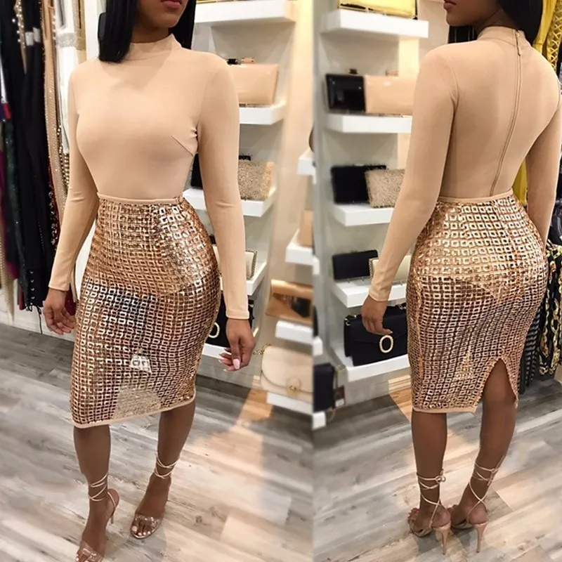 Женское платье с блестками Slaygirl осенне-зимнее Клубное длинным рукавом для