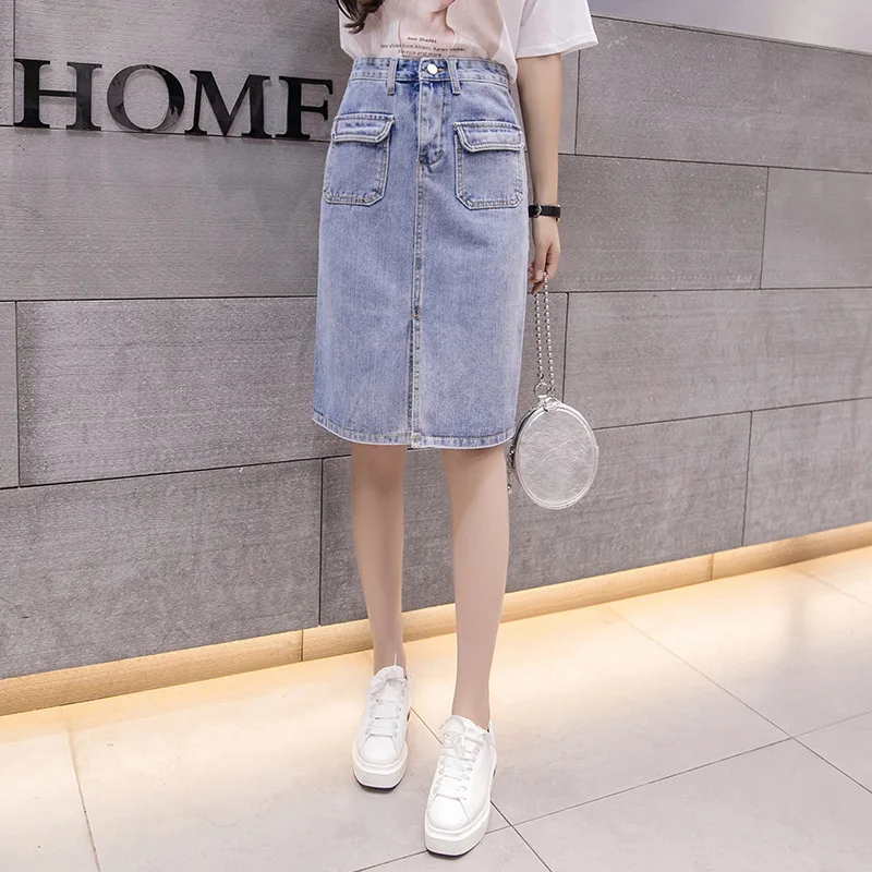 Summer Woman casual Time Jeans Skirt Long High Waist Pocket Solid Colour Skirts | Женская одежда
