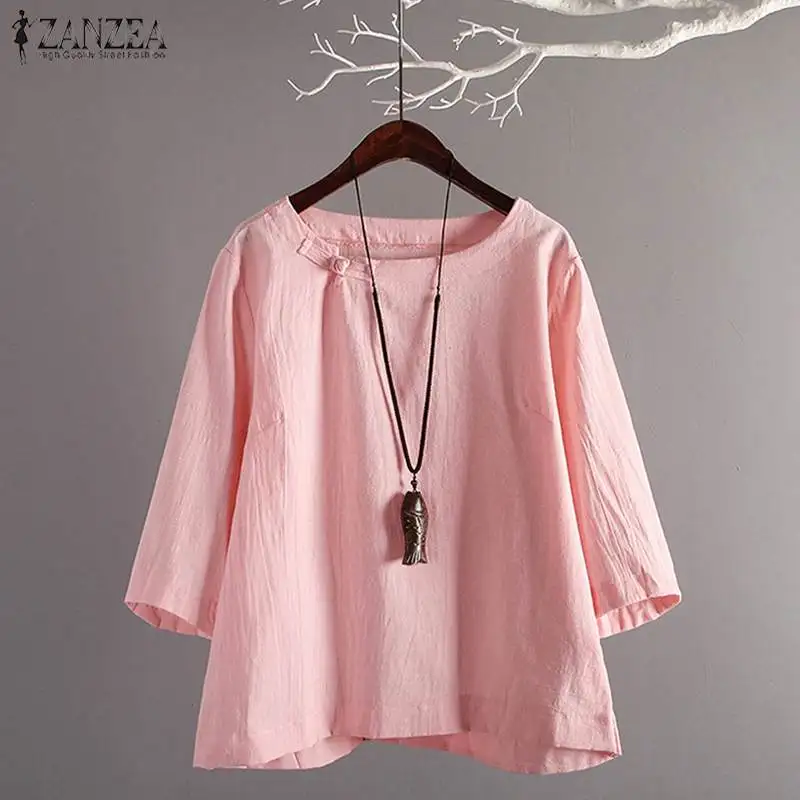 2021 ZANZEA Summer Women Vintage 3/4 Sleeve Solid Blouse Cotton Linen Shirt Female Casual Work Blusas Tunic Top Femininas | Женская