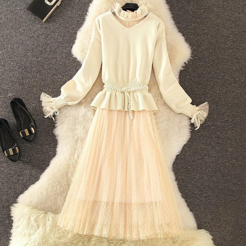 Two Piece Set Women Spring Autumn Dress 2020 Sweater Tops Korean Vintage Mesh black Elegant Ladies Dresses Vestidos MY2367 |