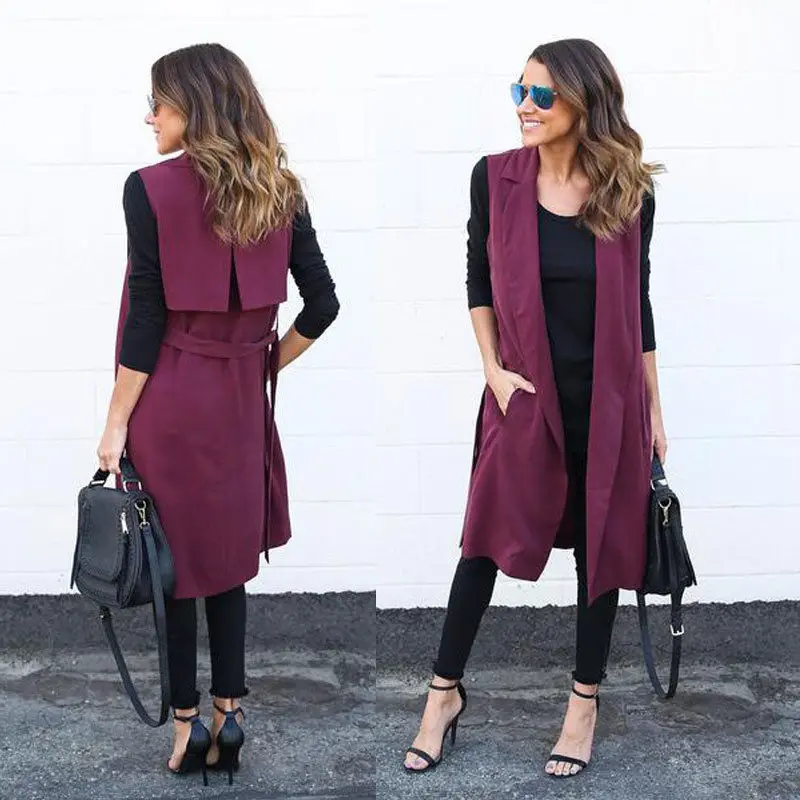 

Women Casual Sleeveless Long Duster Coat Jacket Cardigan Suit Vest Waistcoat New Solid Coats Outwear Long Turn-down Collar Coat