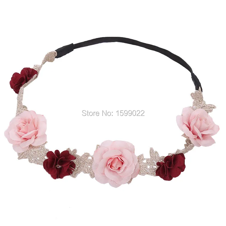 Flower Crown Headband Woman Girl Bridal Floral Lace Pink Burgundy Flowers Hair Accessories Elastic Wedding Head Garland| |